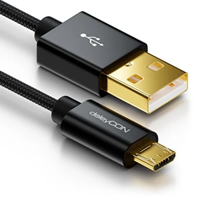 Afbeelding van deleyCON 2 m micro USB kabel van nylon + metalen connectoren, oplaad en datakabel, snellaadkabel voor smartphone, tablet zwart