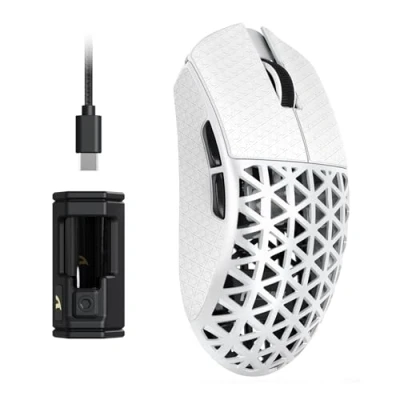Afbeelding van ATTACK SHARK R5 Ultra Souris Gaming sans fil HyperSpeed Fibre Carbone, Ultralégère 39g Avec Grip, 2,4 G/BT/USB C, Capteur PAW3950MAX, Fréquence d&#039;Interrogation 8KHz, 42Kppp, Windows/Mac Blanc