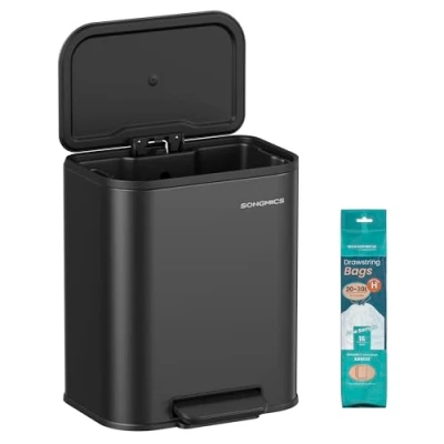Afbeelding van SONGMICS afvalemmer voor de keuken, pedaalemmer 20 l, van staal, deksel met zachte sluiting, blijft open, binnenemmer, breed antislip pedaal, inktzwart LTB542B02