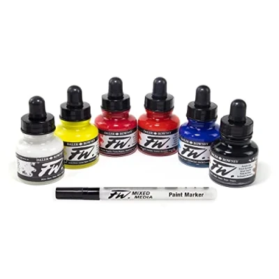 Afbeelding van Daler Rowney FW primaire inktset, 6 x 29,5 ml flessen en 1 marker voor gemengde media, inkt op acrylbasis, verschillende kleuren, ideaal professionele kunstenaars studenten