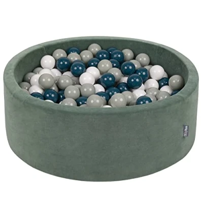 Afbeelding van KiddyMoon Velours ballenbad, 90 x 30 cm, 200 ballen met een diameter van 7 voor baby&#039;s, rond, gemaakt in de EU, bosgroen: donkerturquoise/groen grijs/wit
