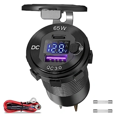 Afbeelding van 83 W metaal USB C PD 12 V stekker: type auto inbouwdoos waterdichte DC adapter met led schakelaar poort voor laptop MacBook iPhone