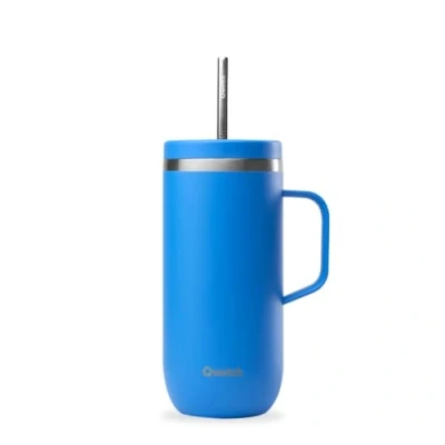 Afbeelding van QWETCH Cold Cup 600 ml met handvat en rietje 24 uur ijskoud 12 koud Azuurblauw Thermosfles van roestvrij staal, koffiemok