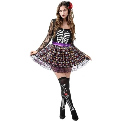 Afbeelding van Funidelia La Catrina Skeletkostuum voor vrouwen Mexicaanse schedel, Halloween, Day of the Dead (Dia de los Muertos), Horror Kostuum Volwassenen Accessoire verkleedkleding en rekwisieten carnaval &amp; feesten Maat XL Zwart