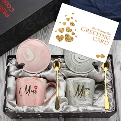Afbeelding van Mijnheer en mevrouw koffiemokken huwelijksgeschenk voor bruid bruidegom bruids douchegift overeenkomstengift een jubileum cadeau getrouwde stellen 12oz keramische marmeren bekers met geschenken (ovaal)