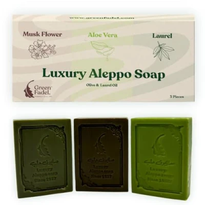 Afbeelding van GREEN FADEL (Luxury) Aleppo Zeep Origineel, 3 delige Set Laurier, Aloë Vera, Muskus, Olijfolie &amp; Laurierolie, Olijfoliezeep, Natuurlijke Zeep, Luxury Soap, voor Gezicht Lichaam
