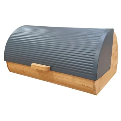 Afbeelding van briebe Nordic Broodtrommel van bamboehout met schuifdeksel voor het bewaren brood en gebak, modern Scandinavisch design (grijs)