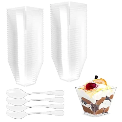 Afbeelding van Gvolatee 50 stuks 2oz/60 ml dessertbekers met kunststof lepels, herbruikbaar, transparant, voor pudding, schuim, ijs, verjaardag, bruiloften