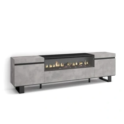 Afbeelding van Skraut Home tv kast, bank, grote opbergruimte, 200 x 57 35 cm, voor tv&#039;s tot 80 inch, elektrische open haard, industrieel design, moderne stijl, cement