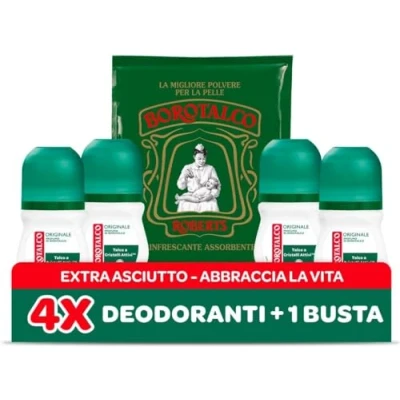 Afbeelding van Borotalco, Originele Roll On Deodorant met actieve kristaltalk, drievoudige droge bescherming, zonder alcohol, talkgeur, 4 stuks à 50 ml, exclusief Amazon