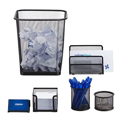 Afbeelding van Relaxdays bureau organizer mesh 6 delige set prullenbak pennenbak documentenhouder zwart
