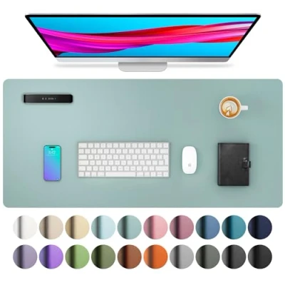 Afbeelding van Bureaumat van leer, muismat, bureauonderlegger antislip PU voor laptop, op kantoor en thuis (80 x 40 cm, lichtblauw)