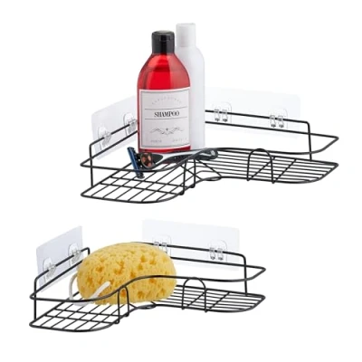 Afbeelding van Relaxdays doucherek zonder boren set van 2 hangend zelfklevend hoekrek douche