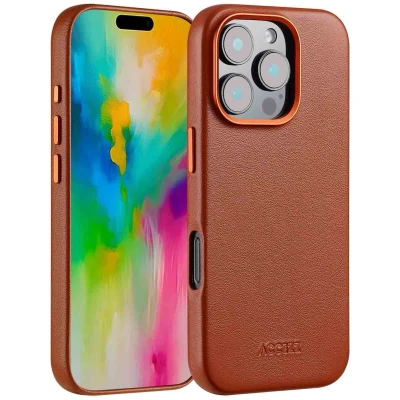 Afbeelding van Accezz Hoesje Geschikt voor iPhone 16 Pro MagSafe Leather Backcover bruin