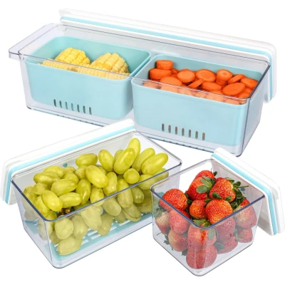 Afbeelding van Belle Vous 3 Pack of Stackable Produce Saver Storage Containers with Drain Baskets Reusable Fridge/Freezer Plastic Food Organisers Lids for Fresh Vegetables/Fruit Dishwasher/Microwave Safe