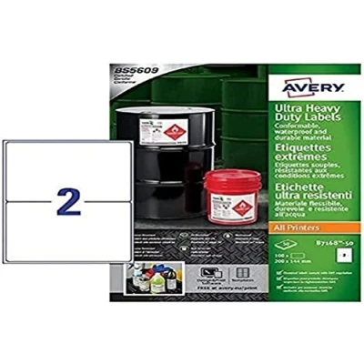 Afbeelding van AVERY 100 zelfklevende etiketten, zeer bestand tegen extreme omstandigheden, personaliseerbaar en bedrukbaar, formaat 200 x 144 mm, laser/inkjetdruk, stuks