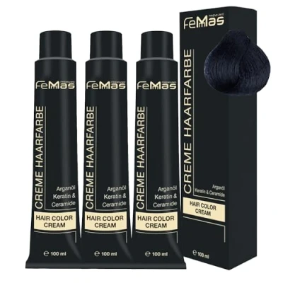 Image de FemMas Lot de 3 teintures pour cheveux marron, 100 ml chacune, crème professionnelle, à l’huile d&#039;argan, kératine et céramides, comme coloration permanente ou teinte, bleu noir 1.1