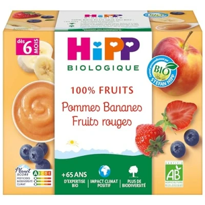 Afbeelding van HiPP 100% Fruit Appels Bananen Rood Vanaf 6 Maanden Biologisch 4 Potten