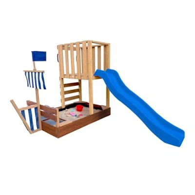 Afbeelding van AXI Vicky Speeltoren Vikingboot Bruin Met Zandbak en Speelkeuken Blauwe Glijbaan Krijtbord FSC hout vlag zeilen Speeltoestel voor kinderen