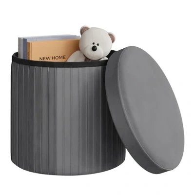 Afbeelding van WOLTU Opbergpoef met ronde container, voetensteun voor bank, lage kruk, opvouwbaar, woonkamer, slaapkamer, fluweel, φ38 x H 36 cm, donkergrijs