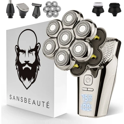 Afbeelding van 6 in 1 Scheerapparaat Mannen + Extra Scheerkop Trimmer Tondeuse Sansbeauté® SkullSharp PRO MAX Electric Face &amp; Head Shaver Skull Hoofd Kaal Scheren Nat Droog Elektrisch