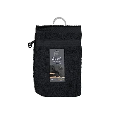 Afbeelding van douceur d&#039;intérieur, 2 washandjes (15 x 21 cm) tederheid zwart, effen spons