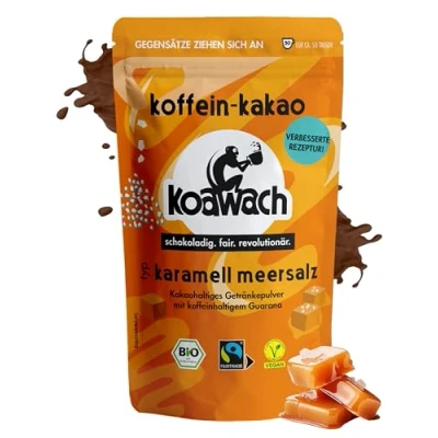 Afbeelding van koawach Karamel + zeezout cacaopoeder chocolade drinken cafeïne cacao guarana veganistisch warme drank minder suiker biologische Fairtrade 500 g