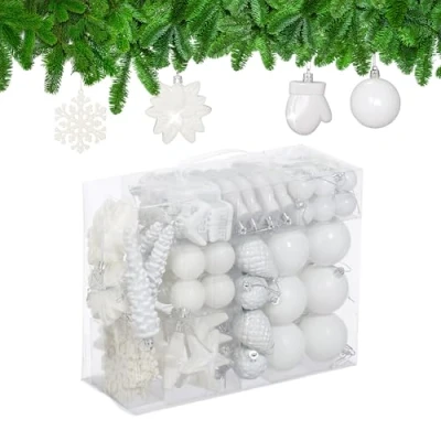 Afbeelding van kerstballen set van 100 plastic mat glanzend glitters 10 designs wit