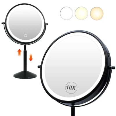 Afbeelding van TUSHENGTU 22,4 cm vergrotende make upspiegel x 10 met oplaadbaar ledlicht, in hoogte verstelbaar, staande scheerspiegel, 360 zwart (940B10X)
