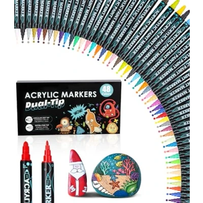 Afbeelding van 48 stuks acrylstiften, waterdicht, acrylverf, dubbele punt, acrylverf voor stenen, hout, glas, canvas, steen, stof, knutselen, fotoalbum, keramiek