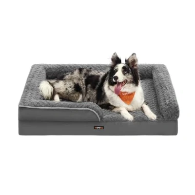 Afbeelding van Feandrea Hondenbed, dierenbed, orthopedisch, honingraatschuim, gevoerde verhoogde randen, afneembare overtrek van pluche met roze motieven, 106 x 81 18 cm, leigrijs PGW253G02