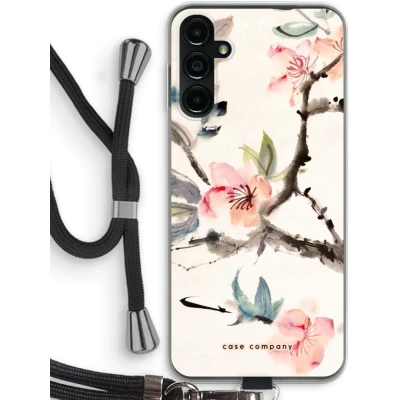 Afbeelding van Case Company® hoesje met Koord geschikt voor Samsung Galaxy A14 Japanse bloemen Telefoonhoesje Zwart Bescherming aan alle Kanten en Over de Schermrand