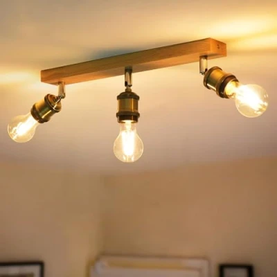 Afbeelding van ANWIO Led plafondlamp, 3 spots, draaibaar, plafondspots, E27, hout, vintage binnenverlichting, zonder lamp