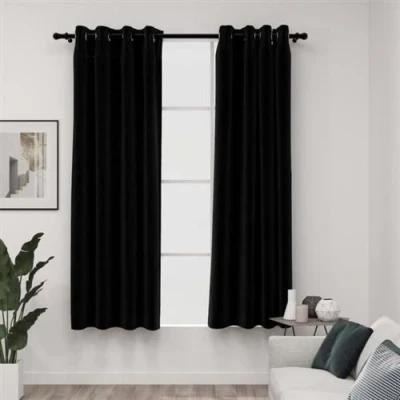 Afbeelding van Gordijnen linnen look verduisterend ogen 2 st 140x175 cm zwart
