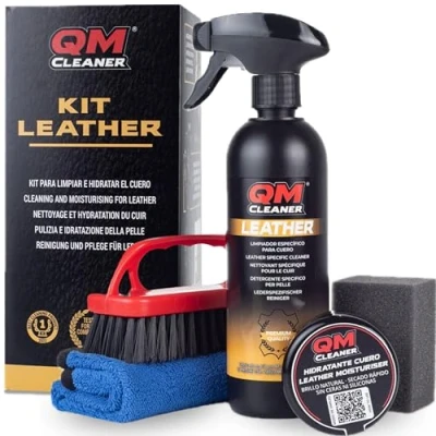 Afbeelding van QM Cleaner Autoreinigingsset voor interieur en leerverzorging. Apc autoreiniger. Onderhoud reiniging van autoleer, inclusief reinigingsmiddel, hydraterende ledermelk, doek borstel