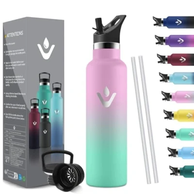 Afbeelding van HoneyHolly 750 ml thermosfles, BPA vrij, dubbelwandig, vacuüm, 18/8 roestvrij staal, met rietje, thermosfles voor badkamer
