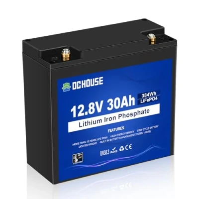 Afbeelding van LiFePO4 DCHOUSE accu, 12 V/30 Ah, diepcyclus, oplaadbare accu met meer dan 4000 diepe fietsen en BMS bescherming voor grasmaaiers, zonnepaneel, boot motor,