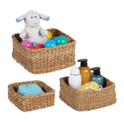 Afbeelding van Relaxdays gevlochten opbergmand set van 3 speelgoedmanden vierkant zeegras manden
