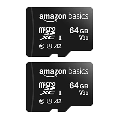 Image de Amazon Basics Lot de 2 cartes mémoire Micro SDXC avec adaptateur pleine taille, A2, U3, vitesse lecture jusqu&#039;à 100 Mo/s, 64 Go, noir