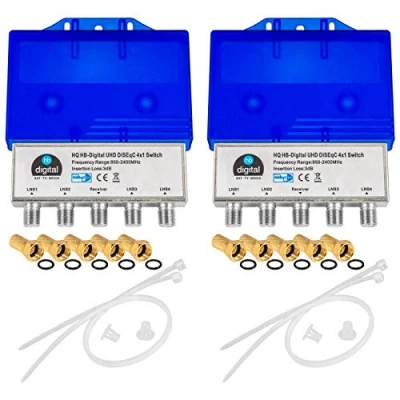 Afbeelding van DiseqC HQ 4/1 schakelaar met weerbestendige behuizing HB DIGITAL 4X SAT LNB 1 ontvanger voor full HDTV 3D 4K UHD + 10 vergulde F stekkers