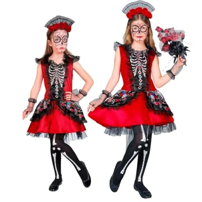Afbeelding van Widmann Spaans &amp; Mexicaans Kostuum Feestelijke Rode Day Of The Dead Jurk Meisje Rood, Zwart Maat 116 Halloween Verkleedkleding