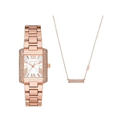 Afbeelding van Michael Kors Emery Dameshorloge, 33 mm, kwartsuurwerk, drie wijzers, met roestvrijstalen of leren armband, Rose Gold Tone and White Set, Polsband: