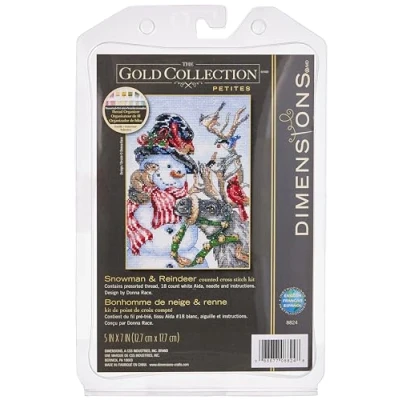 Afbeelding van Borduurpakket DIMENSIONS SNOWMAN &amp; REINDEER GOLD COLLECTIONS PETITES Kerstcadeau