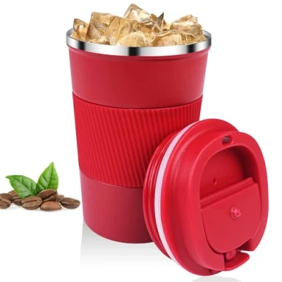Afbeelding van Relota 380 ml rode koffiebeker, lekvrije thermosbeker van 304 roestvrij staal, dubbelwandig geïsoleerd, autobeker, herbruikbaar voor koffie, water en thee