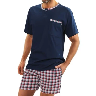 Afbeelding van Sesto Senso Heren Kort Pyjama Set Kotoen Korte Mouw Top &amp; Bottom Nachtkleding Pjs, Dunkerblauw, Broek Wit en Rood Geruit, XXL