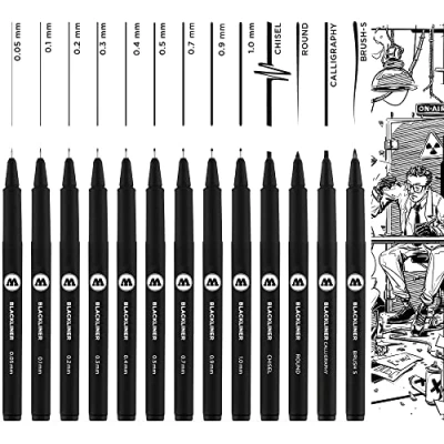 Afbeelding van Molotow Blackliner Set van 13 permanente inktstiften met fijne punt 0,05 1,0 mm en speciale etui, zwart