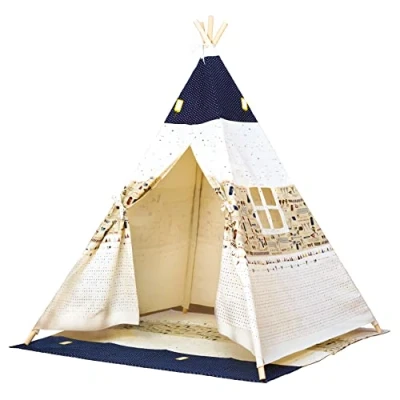 Afbeelding van Bino World of Toys Teepee speeltent, kinderkamertent (tipi tent voor kinderen, speelhuis kinderen vanaf 3 jaar, afmetingen 120 x 150 cm), blauw beige 82820, meerkleurig