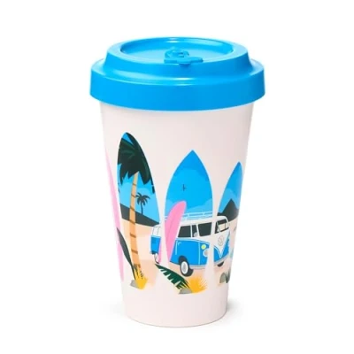 Afbeelding van Reisbeker/Travel Cup Volkswagen T1 Camper Waves are Calling RPET &amp; Siliconen Lichtblauw 400ml