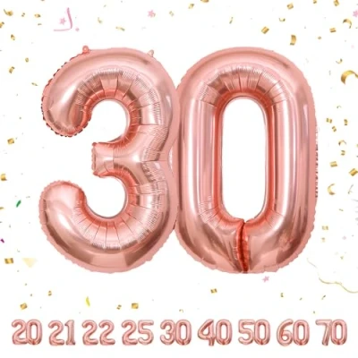 Afbeelding van Ballonnen verjaardag 30 jaar roségoud 101 cm ballon nummer opblaasbare folie verjaardagsdecoraties voor mannen en vrouwen vliegen met helium