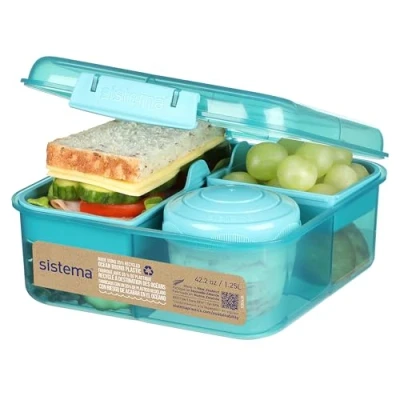 Afbeelding van Sistema Bento box, 1,25 liter, schoollunchbox met vakken en snackpot, BPA vrij, gemaakt van oceaangebonden kunststof, blauwgroen, 1 stuk